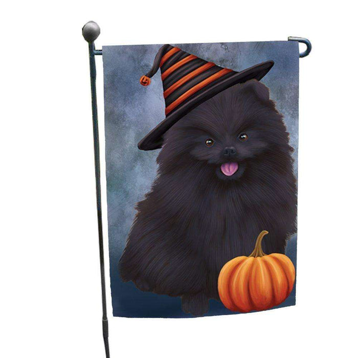 Happy Halloween Pomeranian Black Dog Wearing Witch Hat with Pumpkin Garden Flag
