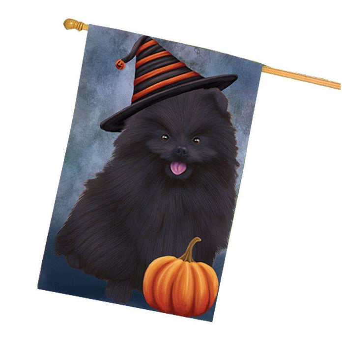 Happy Halloween Pomeranian Black Dog Wearing Witch Hat with Pumpkin House Flag