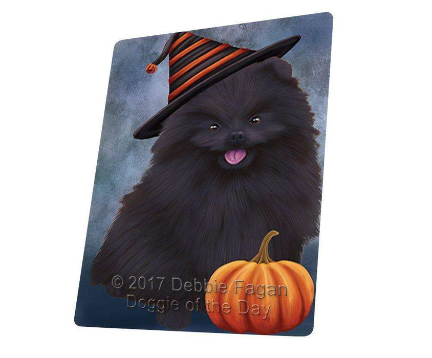 Happy Halloween Pomeranian Black Dog Wearing Witch Hat with Pumpkin Tempered Cutting Board