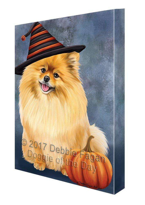Happy Halloween Pomeranian Dog Wearing Witch Hat with Pumpkin Canvas Wall Art