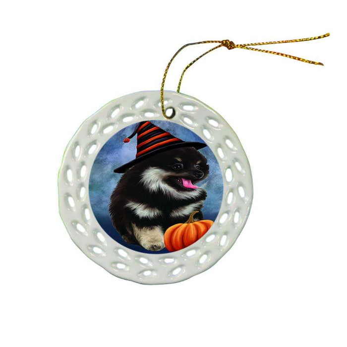 Happy Halloween Pomeranian Dog Wearing Witch Hat with Pumpkin Ceramic Doily Ornament DPOR55121