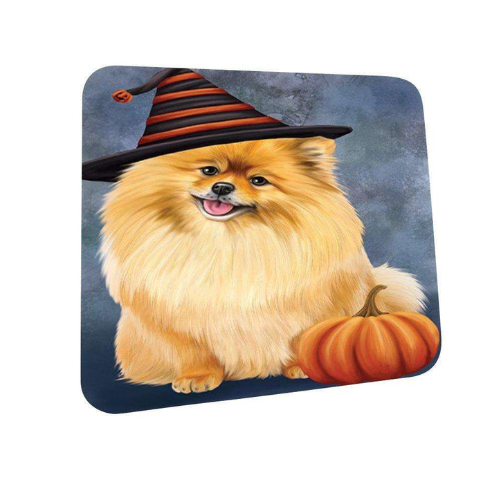 Happy Halloween Pomeranian Dog Wearing Witch Hat with Pumpkin Coasters Set of 4