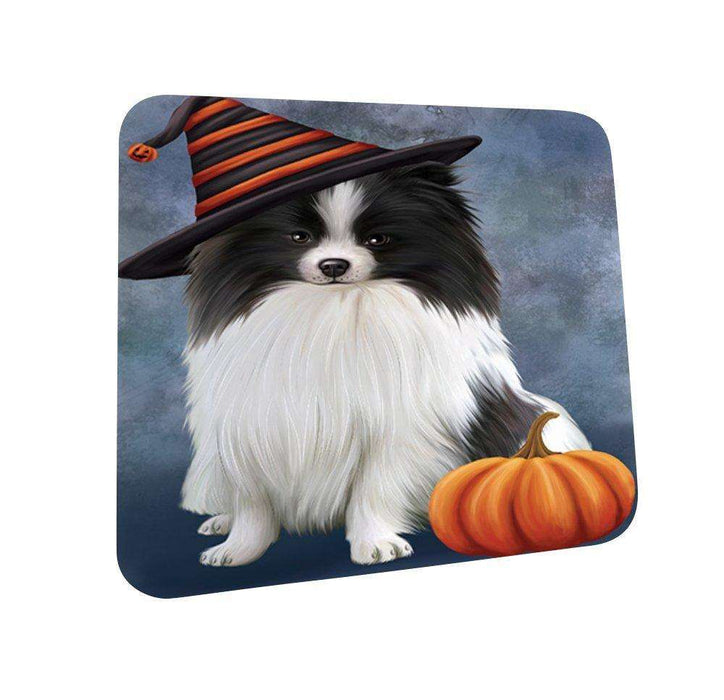 Happy Halloween Pomeranian Dog Wearing Witch Hat with Pumpkin Coasters Set of 4