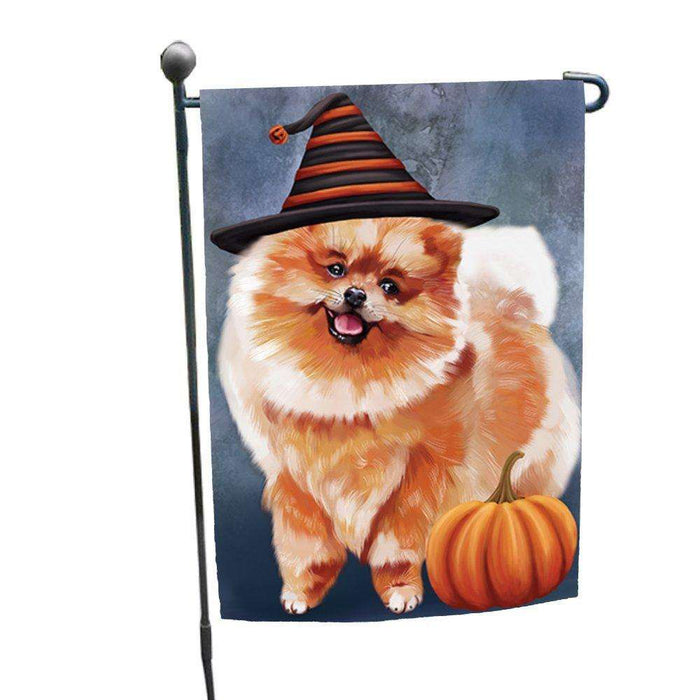 Happy Halloween Pomeranian Dog Wearing Witch Hat with Pumpkin Garden Flag GF339