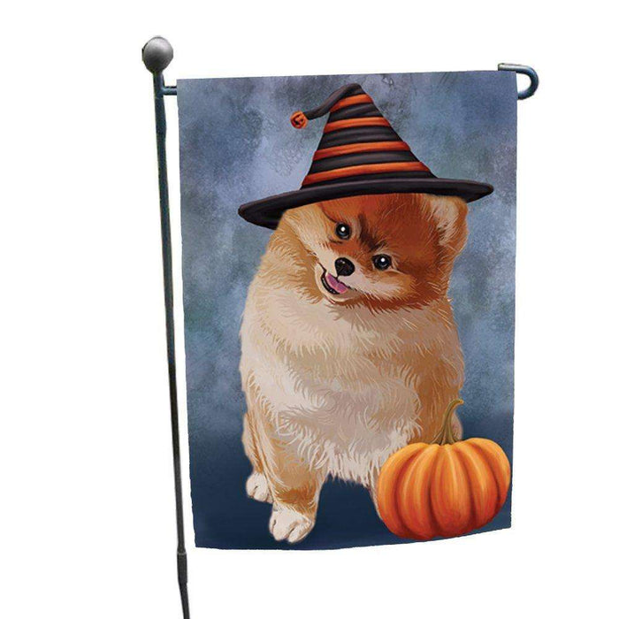 Happy Halloween Pomeranian Dog Wearing Witch Hat with Pumpkin Garden Flag GF340