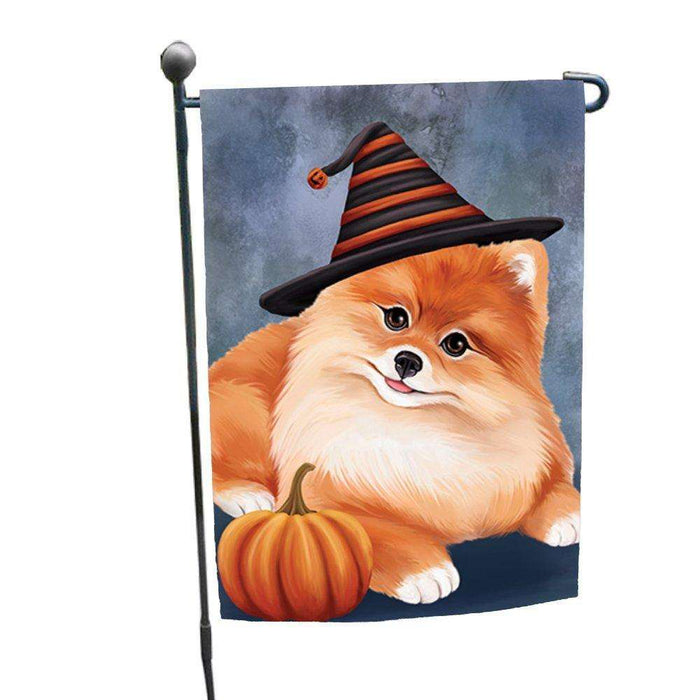 Happy Halloween Pomeranian Dog Wearing Witch Hat with Pumpkin Garden Flag GF341