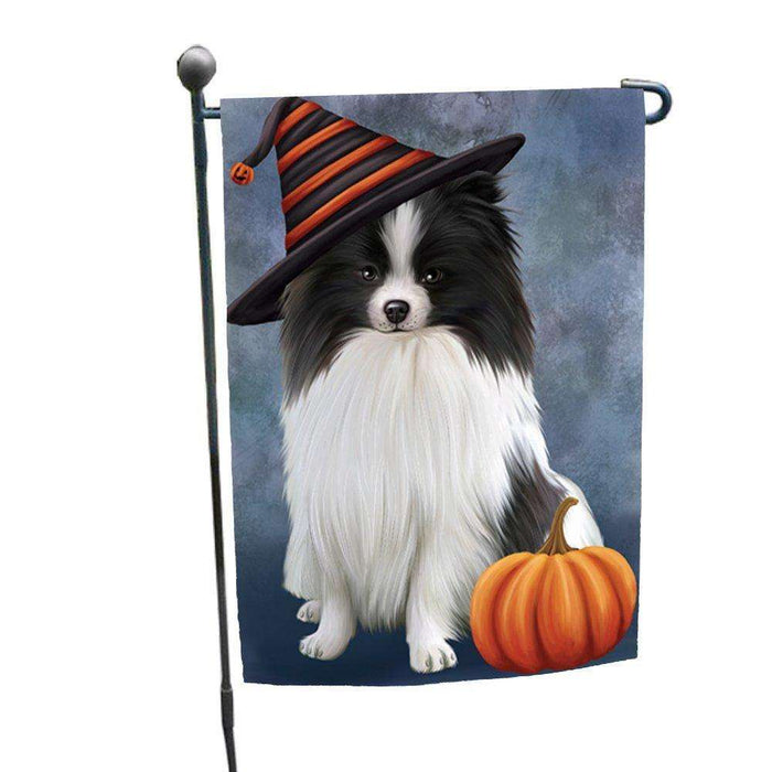 Happy Halloween Pomeranian Dog Wearing Witch Hat with Pumpkin Garden Flag