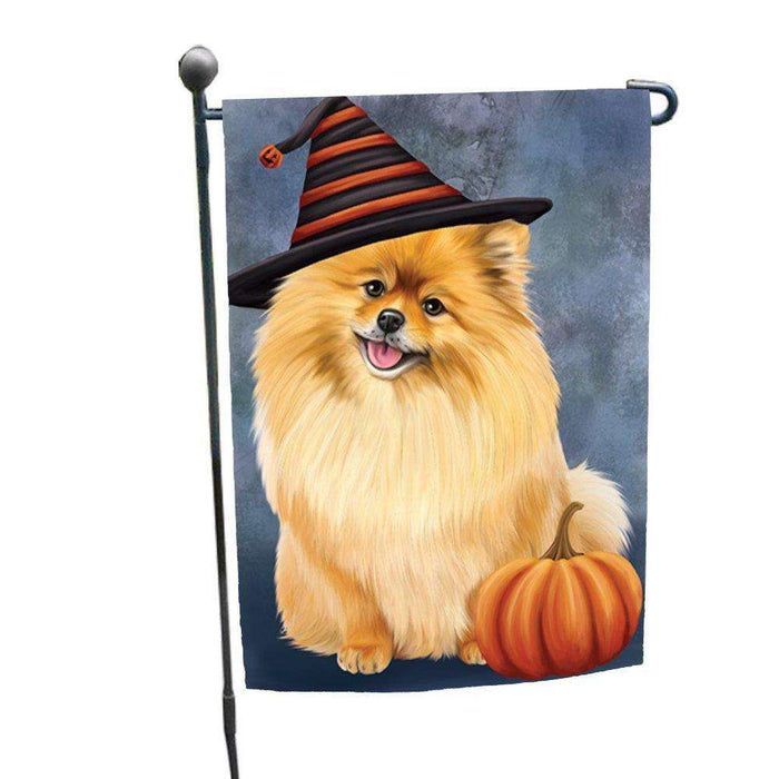 Happy Halloween Pomeranian Dog Wearing Witch Hat with Pumpkin Garden Flag