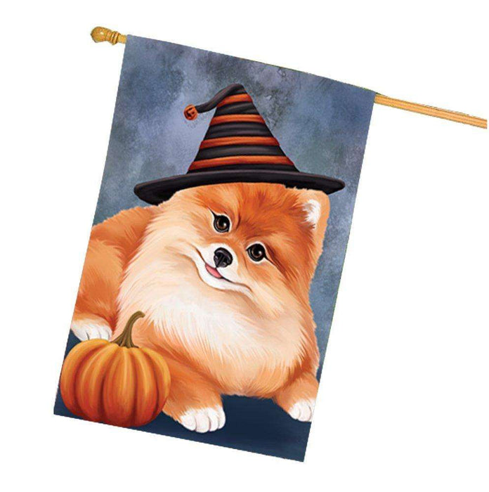 Happy Halloween Pomeranian Dog Wearing Witch Hat with Pumpkin House Flag