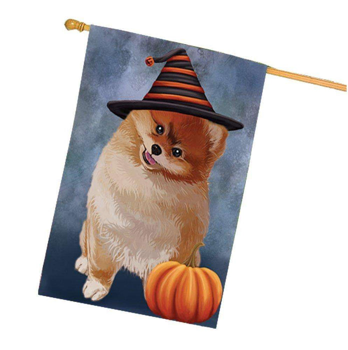 Happy Halloween Pomeranian Dog Wearing Witch Hat with Pumpkin House Flag