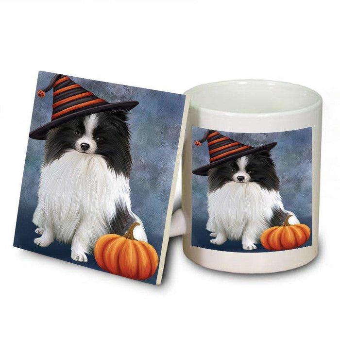 Happy Halloween Pomeranian Dog Wearing Witch Hat with Pumpkin Mug and Coaster Set