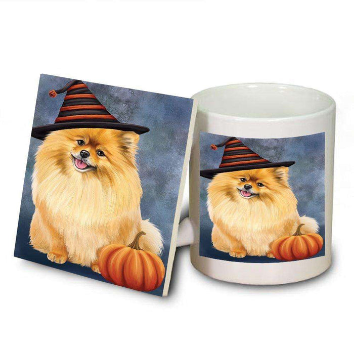 Happy Halloween Pomeranian Dog Wearing Witch Hat with Pumpkin Mug and Coaster Set