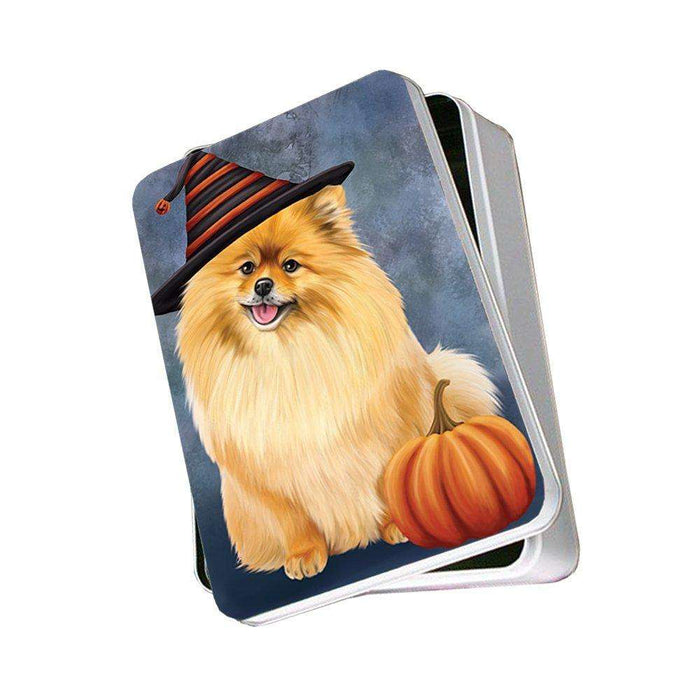 Happy Halloween Pomeranian Dog Wearing Witch Hat with Pumpkin Photo Storage Tin