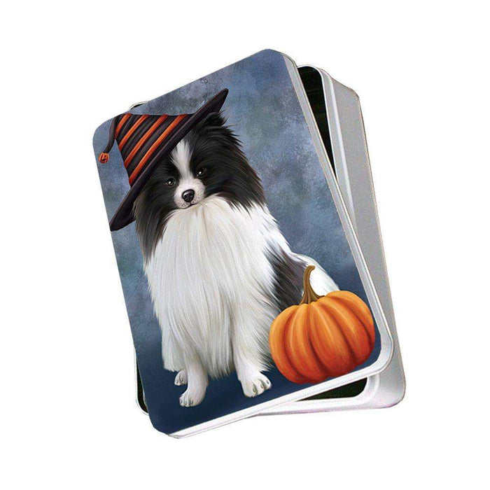 Happy Halloween Pomeranian Dog Wearing Witch Hat with Pumpkin Photo Storage Tin
