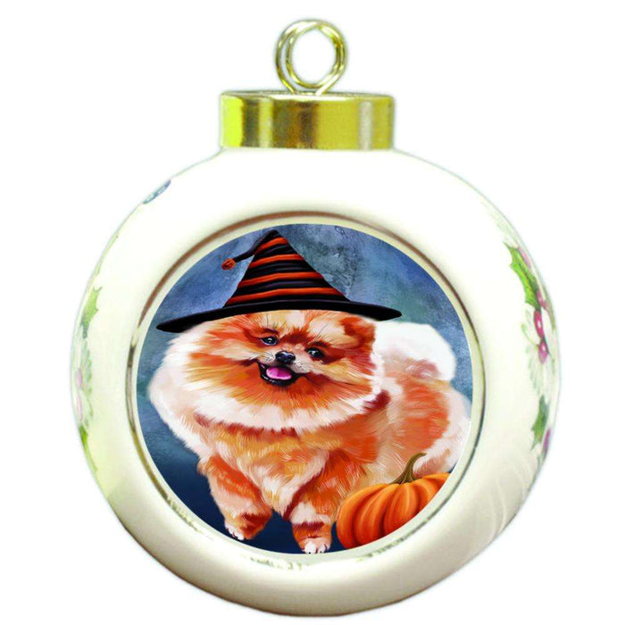 Happy Halloween Pomeranian Dog Wearing Witch Hat with Pumpkin Round Ball Christmas Ornament RBPOR55116
