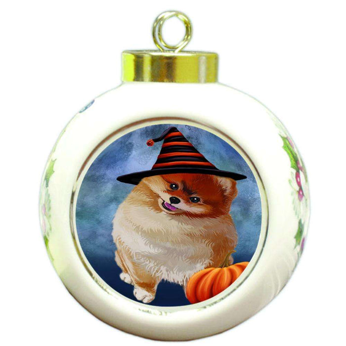 Happy Halloween Pomeranian Dog Wearing Witch Hat with Pumpkin Round Ball Christmas Ornament RBPOR55117