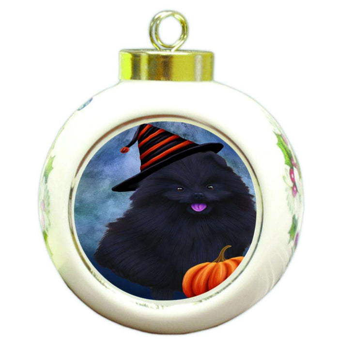 Happy Halloween Pomeranian Dog Wearing Witch Hat with Pumpkin Round Ball Christmas Ornament RBPOR55118