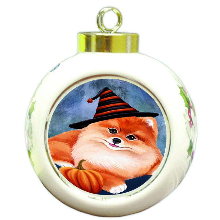 Happy Halloween Pomeranian Dog Wearing Witch Hat with Pumpkin Round Ball Christmas Ornament RBPOR55119