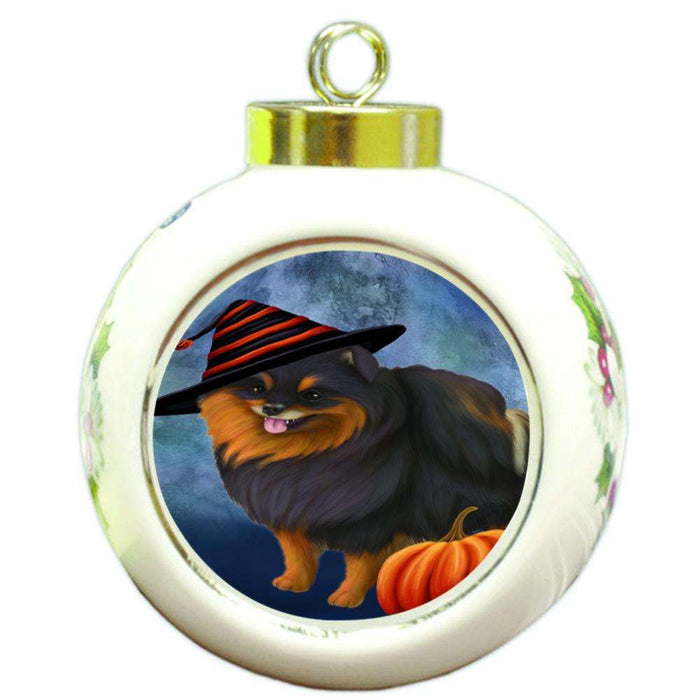 Happy Halloween Pomeranian Dog Wearing Witch Hat with Pumpkin Round Ball Christmas Ornament RBPOR55120