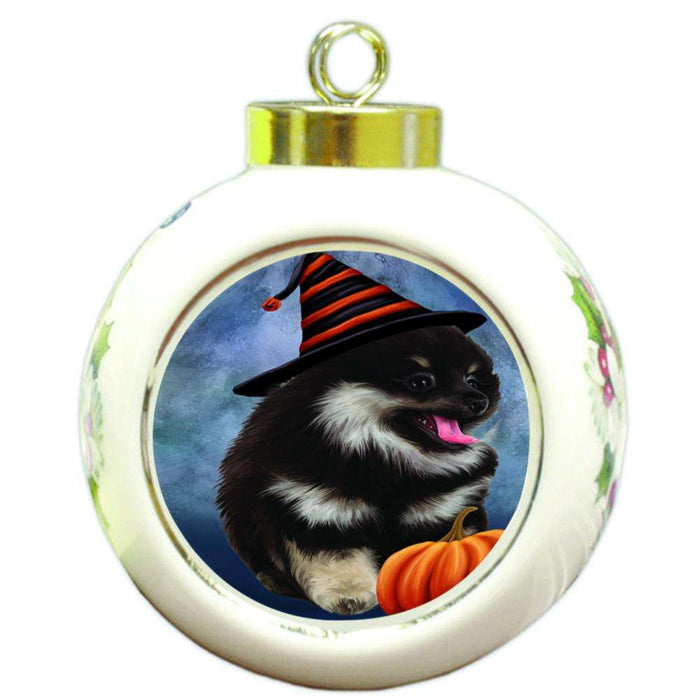 Happy Halloween Pomeranian Dog Wearing Witch Hat with Pumpkin Round Ball Christmas Ornament RBPOR55121