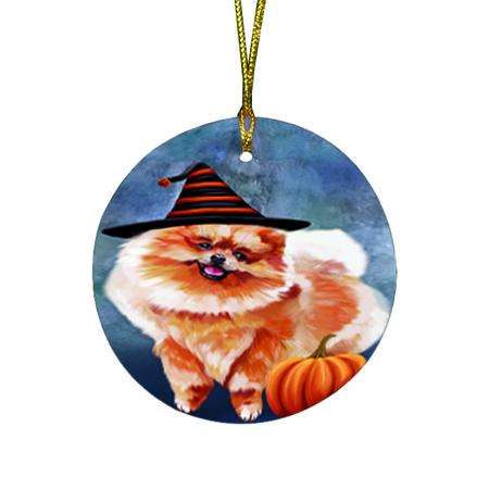 Happy Halloween Pomeranian Dog Wearing Witch Hat with Pumpkin Round Flat Christmas Ornament RFPOR55107