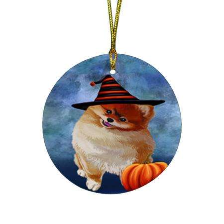 Happy Halloween Pomeranian Dog Wearing Witch Hat with Pumpkin Round Flat Christmas Ornament RFPOR55108