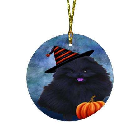 Happy Halloween Pomeranian Dog Wearing Witch Hat with Pumpkin Round Flat Christmas Ornament RFPOR55109