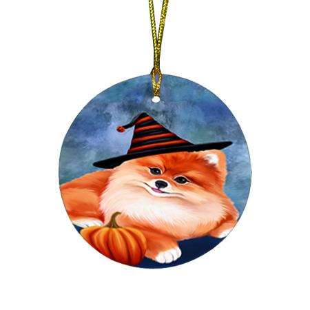 Happy Halloween Pomeranian Dog Wearing Witch Hat with Pumpkin Round Flat Christmas Ornament RFPOR55110