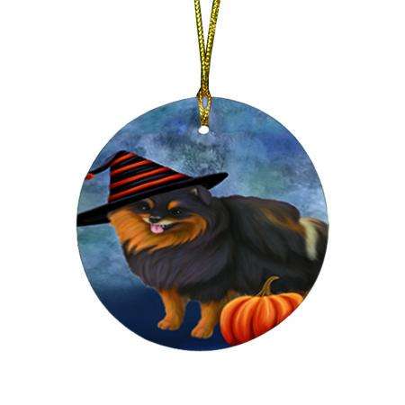 Happy Halloween Pomeranian Dog Wearing Witch Hat with Pumpkin Round Flat Christmas Ornament RFPOR55111