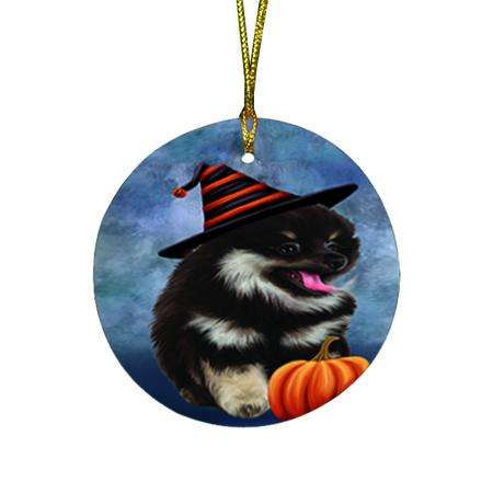 Happy Halloween Pomeranian Dog Wearing Witch Hat with Pumpkin Round Flat Christmas Ornament RFPOR55112