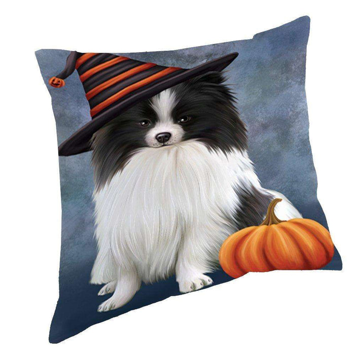 Happy Halloween Pomeranian Dog Wearing Witch Hat with Pumpkin Throw Pillow