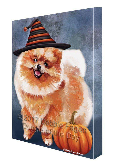 Happy Halloween Pomeranian Dog Wearing Witch Hat with Pumpkin Wall Art Canvas