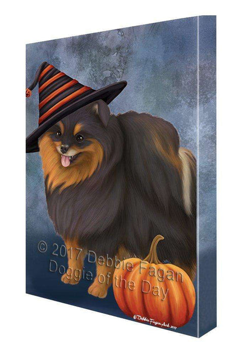 Happy Halloween Pomeranian Spitz Dog Wearing Witch Hat with Pumpkin Canvas Wall Art