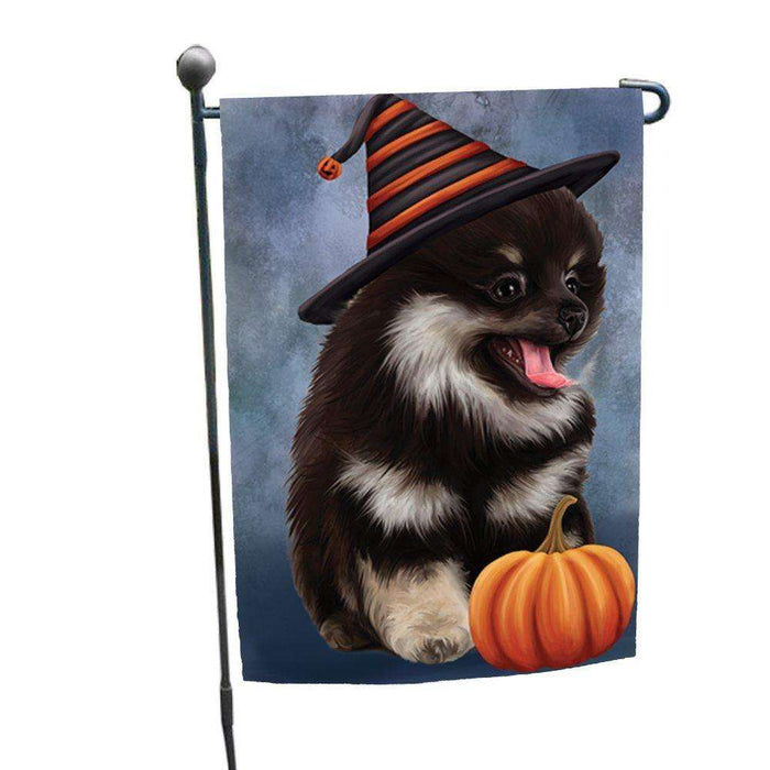 Happy Halloween Pomeranian Spitz Dog Wearing Witch Hat with Pumpkin Garden Flag