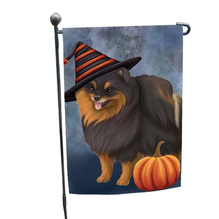 Happy Halloween Pomeranian Spitz Dog Wearing Witch Hat with Pumpkin Garden Flag