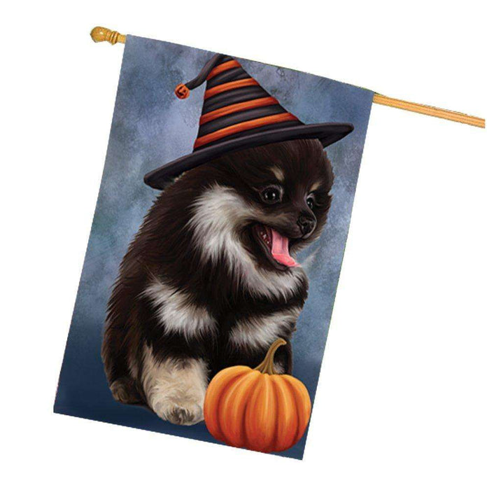 Happy Halloween Pomeranian Spitz Dog Wearing Witch Hat with Pumpkin House Flag