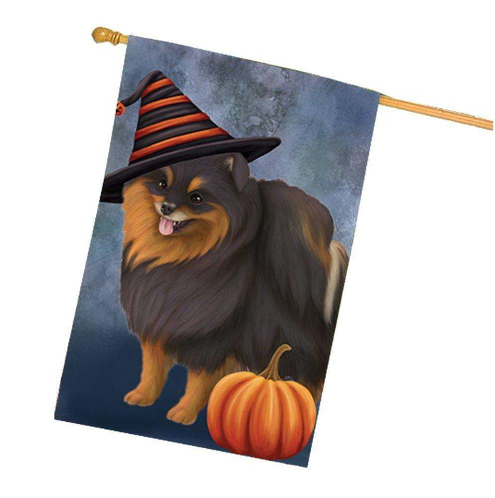 Happy Halloween Pomeranian Spitz Dog Wearing Witch Hat with Pumpkin House Flag