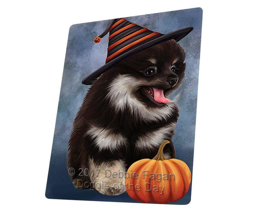 Happy Halloween Pomeranian Spitz Dog Wearing Witch Hat with Pumpkin Tempered Cutting Board