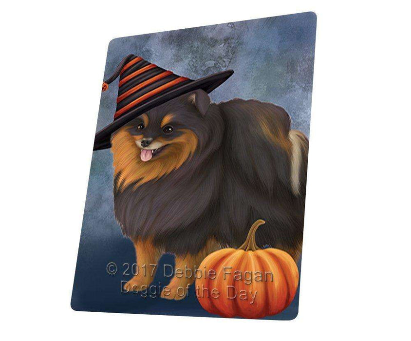 Happy Halloween Pomeranian Spitz Dog Wearing Witch Hat with Pumpkin Tempered Cutting Board