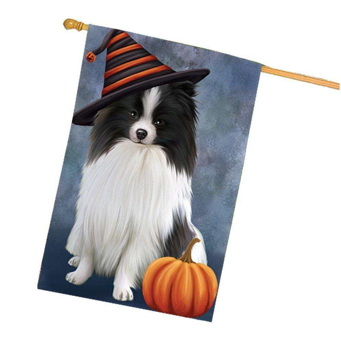 Happy Halloween Pomeranians Dog Wearing Witch Hat with Pumpkin House Flag