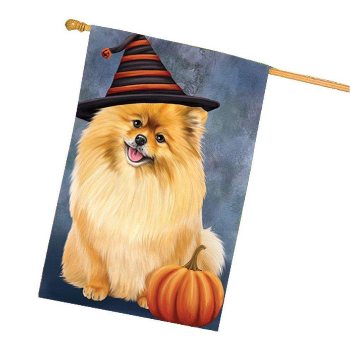 Happy Halloween Pomeranians Dog Wearing Witch Hat with Pumpkin House Flag