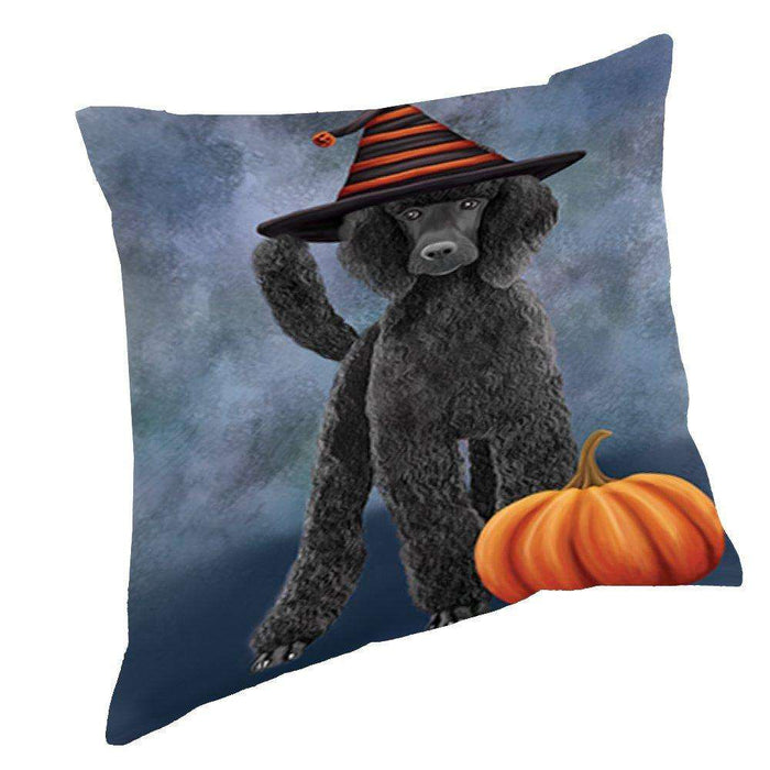 Happy Halloween Poodle Black Dog Wearing Witch Hat with Pumpkin Throw Pillow D107