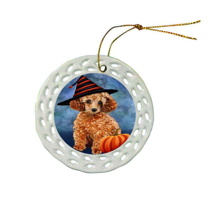 Happy Halloween Poodle Dog Wearing Witch Hat with Pumpkin Ceramic Doily Ornament DPOR54961