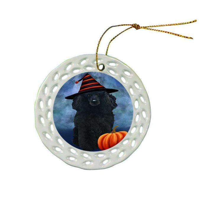 Happy Halloween Poodle Dog Wearing Witch Hat with Pumpkin Ceramic Doily Ornament DPOR54962