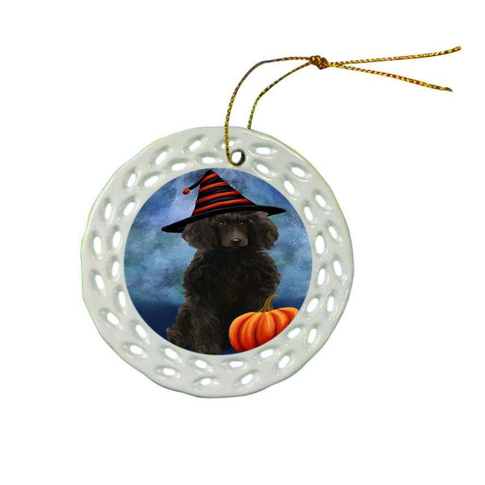 Happy Halloween Poodle Dog Wearing Witch Hat with Pumpkin Ceramic Doily Ornament DPOR54963