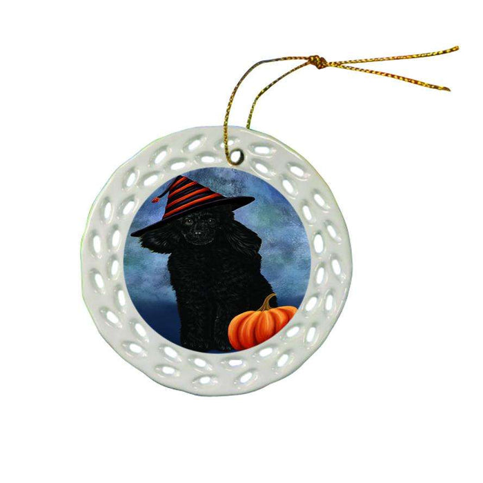 Happy Halloween Poodle Dog Wearing Witch Hat with Pumpkin Ceramic Doily Ornament DPOR54964