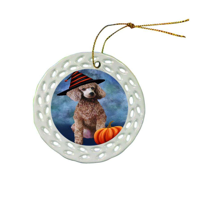 Happy Halloween Poodle Dog Wearing Witch Hat with Pumpkin Ceramic Doily Ornament DPOR54966