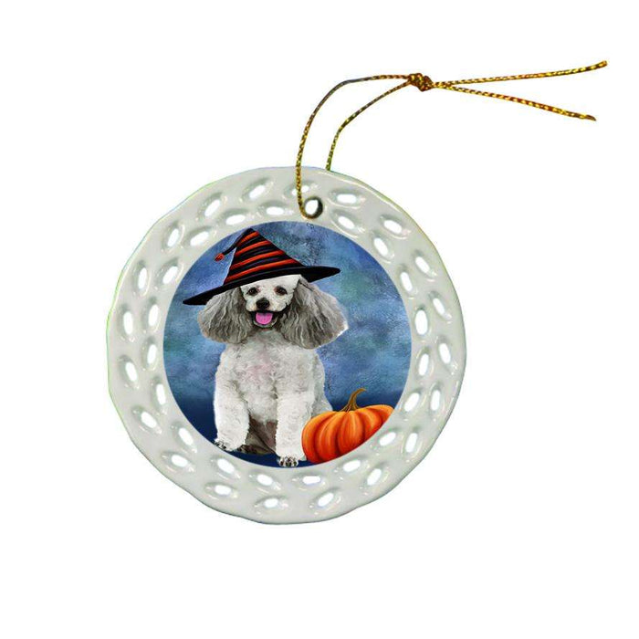 Happy Halloween Poodle Dog Wearing Witch Hat with Pumpkin Ceramic Doily Ornament DPOR54969