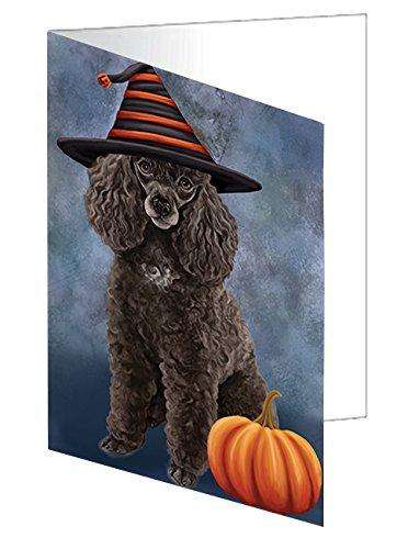 Happy Halloween Poodle Dog Wearing Witch Hat with Pumpkin Handmade Artwork Assorted Pets Greeting Cards and Note Cards with Envelopes for All Occasions and Holiday Seasons D032