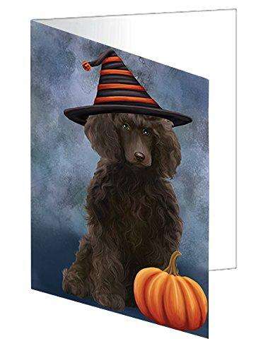 Happy Halloween Poodle Dog Wearing Witch Hat with Pumpkin Handmade Artwork Assorted Pets Greeting Cards and Note Cards with Envelopes for All Occasions and Holiday Seasons D047